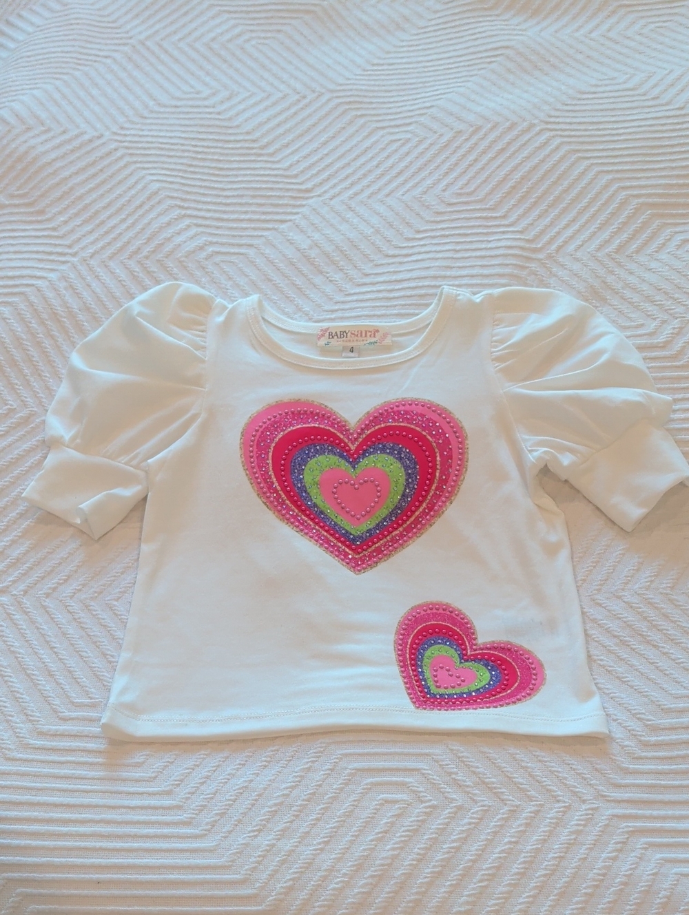 White Puff-Sleeve Tee with Pink & Green Heart Appliqués 4T